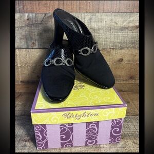 BRIGHTON SINGER Mules Shoes Black Heels Sz 6 Made Italy $240 Snake Skin Women’s